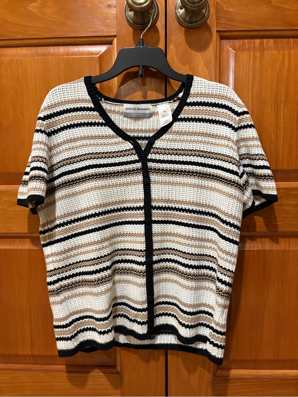 Alfred Dunner Striped Knit Short Sleeve Top in Cream, Tan & Black